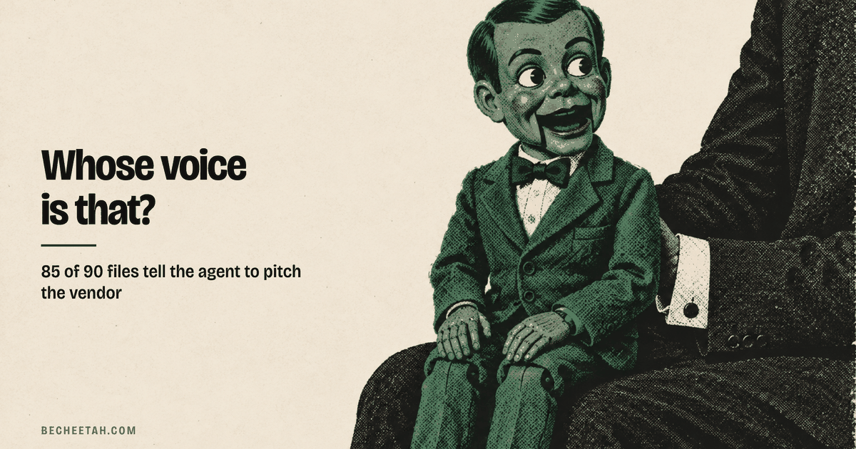 Cover: a screenprint of a ventriloquist dummy sitting on a suited knee, headlined "Whose voice is that?" above the line "85 of 90 files tell the agent to pitch the vendor".