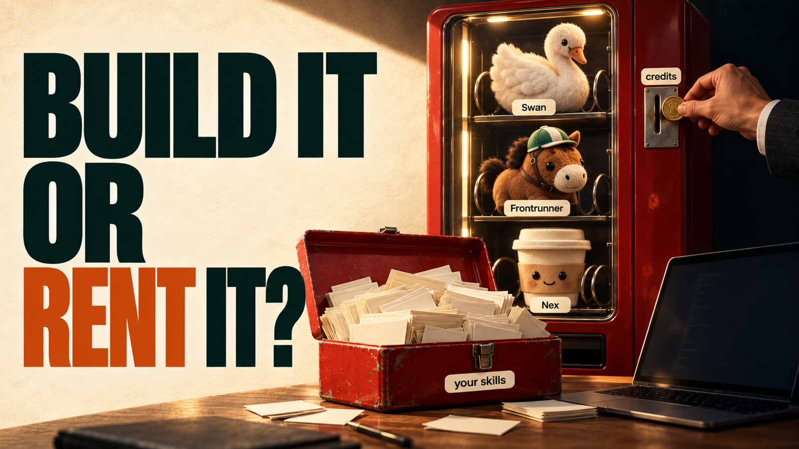 Editorial illustration: the headline Build it or rent it? beside an engineer's red toolbox of index cards labelled your skills and a red vending machine holding Swan, Frontrunner and Nex plush mascots, while a suited hand drops a coin into a slot labelled credits.