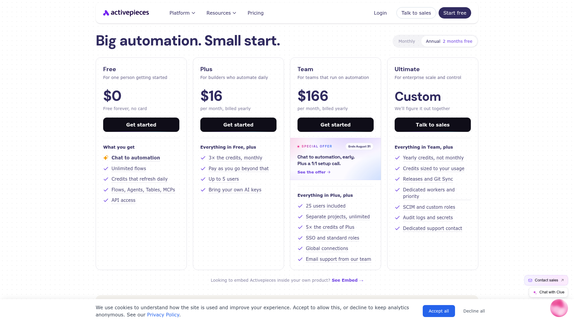 The Activepieces pricing table, showing one credit per flow run, every step inside a flow free, and bring-your-own AI keys included on paid tiers.