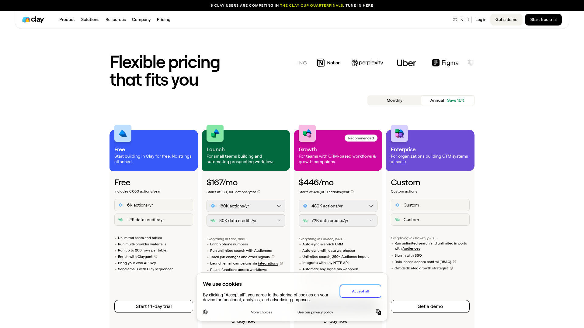 Clay's pricing page, showing the Free, Launch, Growth and Enterprise tiers with separate Actions and Data Credits allowances on each.
