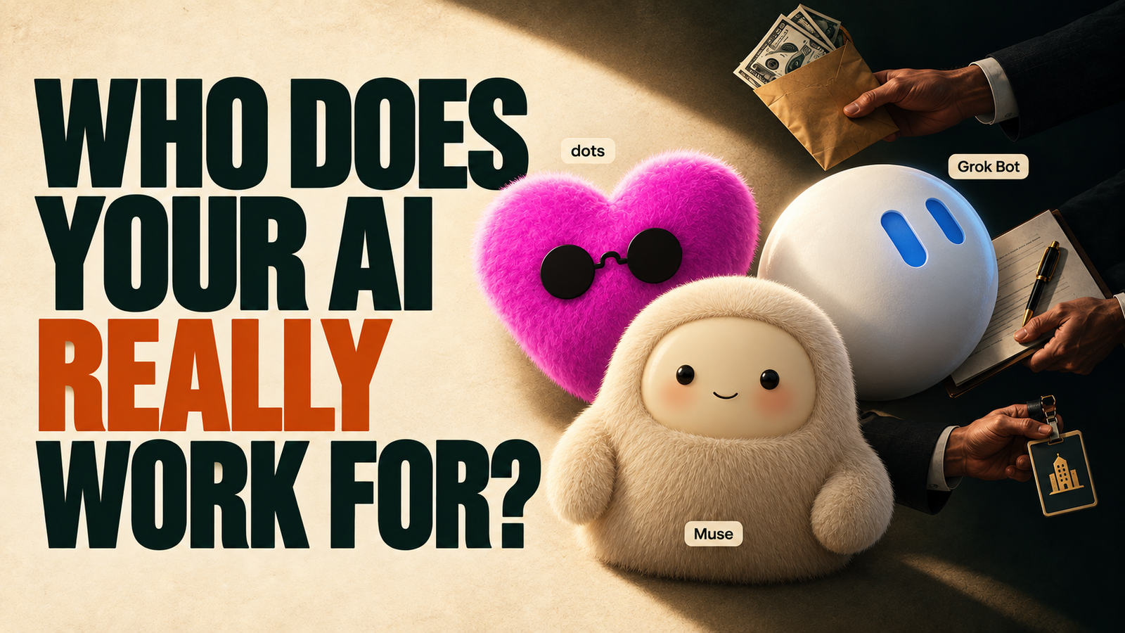 Editorial illustration: the headline Who does your AI really work for? beside the dots, Muse and Grok Bot assistant characters, while hands in business suits reach in with a cash envelope, a contract and an access badge.