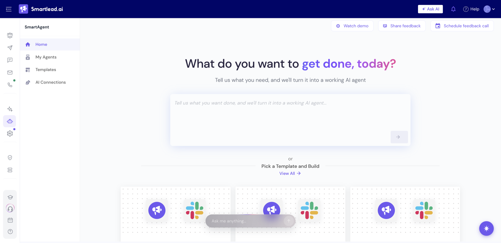 Smartlead's SmartAgent builder, showing a natural-language prompt box and prebuilt Slack agent templates