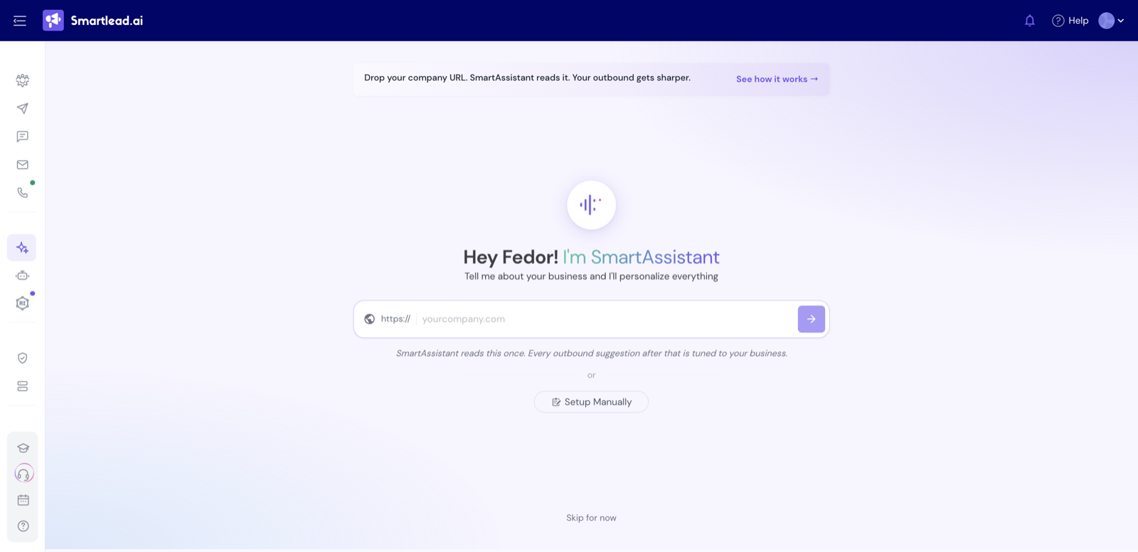 Smartlead SmartAssistant onboarding asking for a company URL to personalise outbound